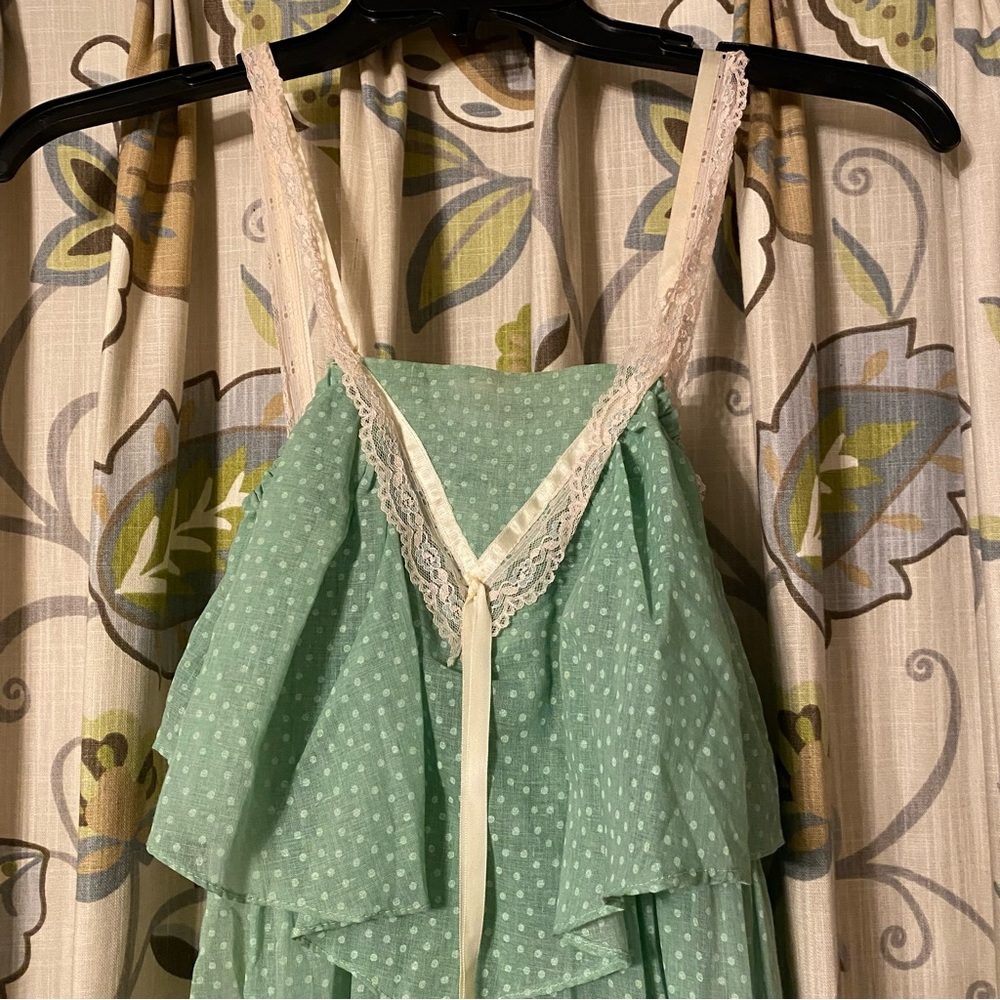 Vintage Wild Honey 70s semi sheer green polka ruffle cottagecore prairie dress - Picture 4 of 16